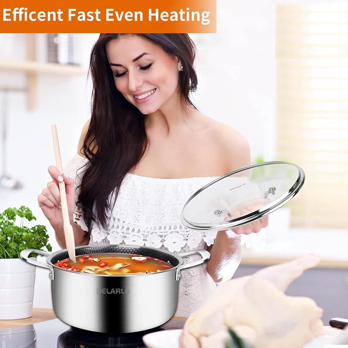 DELARLO Tri-Ply Non Stick 5 Quart Stainless Steel Stock Pot Heavy Duty | Induction Ready, Cooking Pots with Lids, Stockpot 600℉ Oven Safe, Food Grade Cookware, Soup Pot