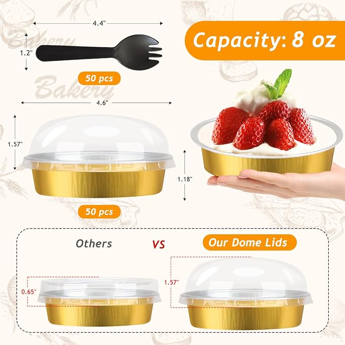 LNYZQUS 8oz Mini Pie Tins with Lids 50 Pack, 4 Inch Individual Cake Pans | Foil Disposable, Small Cake Tins, Mini Pie Containers, for Bake Sale Baking and Packaging, Round Gold