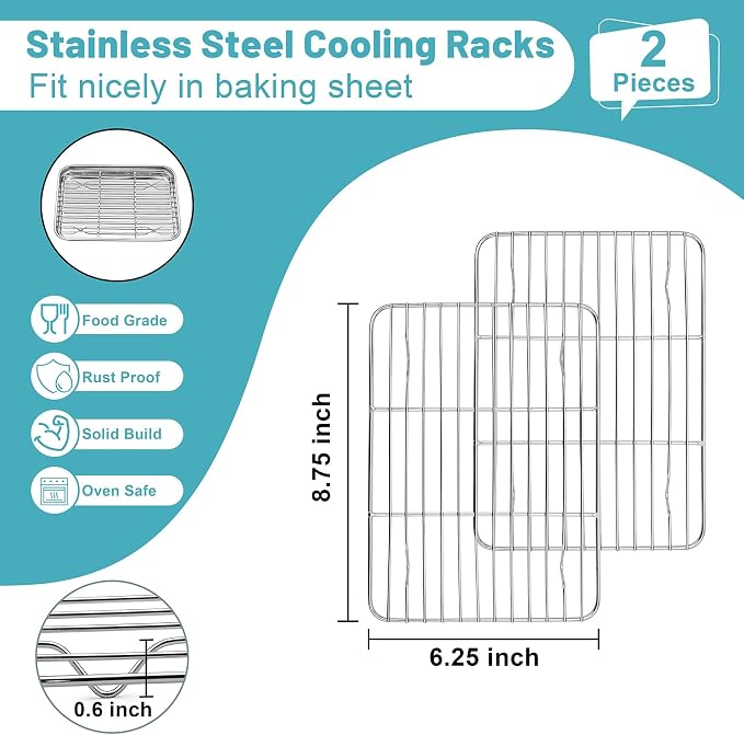 TeamFar Cooling Rack, 8.75” x 6.25” Stainless Steel Wire Baking Rack, 2PCS | for Cooking Roasting Grilling, Fit for Oven Pan, Oven & Dishwasher Safe, Non-toxic & Heavy-Duty
