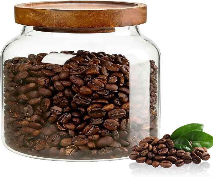 1PC Glass Storage Jars with Airtight Lids, 44 fl oz (1300ml) coffee container with Wooden Lid, Glass Pantry Canister for Beans, Rice, Sugar and etc