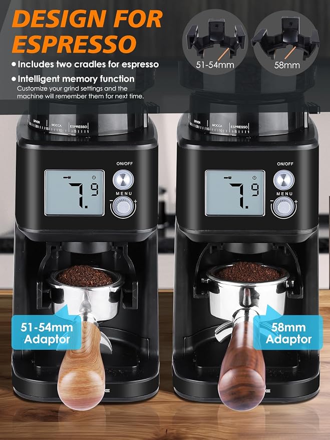 Homtone Conical Burr Espresso Coffee Grinder,51 Precise Settings,Electric Mill with Portafilter Holder, 2-12 Cups Adjustable, Anti-static, Stainless Steel, 120V