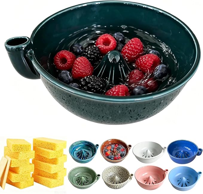 Self Spinning Ceramic Berry Washing Bowl with Drain Holes, 7'' Kitchen Fruit Washer Spinner Bowl with 10pcs Sponges，Green