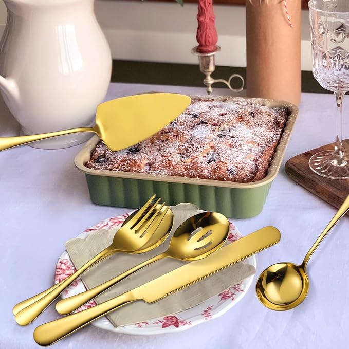 Gold Serving Utensils Set Stainless Steel Large Silverware 7 Piece Include Big Spoon Fork Cake Server Knife Pizza Spatula Pefect for Buffet Catering Flatware