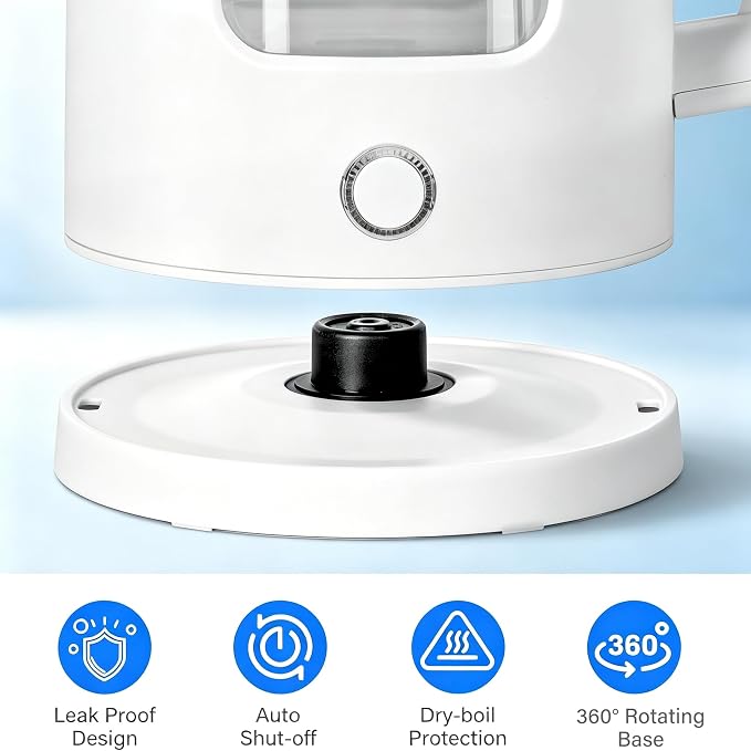 1.8L Glass Electric Kettle for Tea and Coffee, White | 1000W Rapid Boil Hot Water Kettle, Auto Shut-Off, 360°Swivel Base, Easy Cleaning, BPA Free