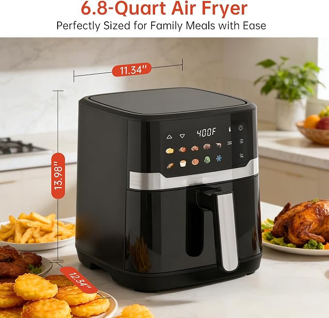 VUSIGN Air Fryer 6.8QT, 10-in-1 Functions Airfryer with Visible Window, 400°F Fast Heating & Adjustable Bottom Heater for Crispier Results, Nonstick & Dishwasher-Safe Basket, 1700W, Black