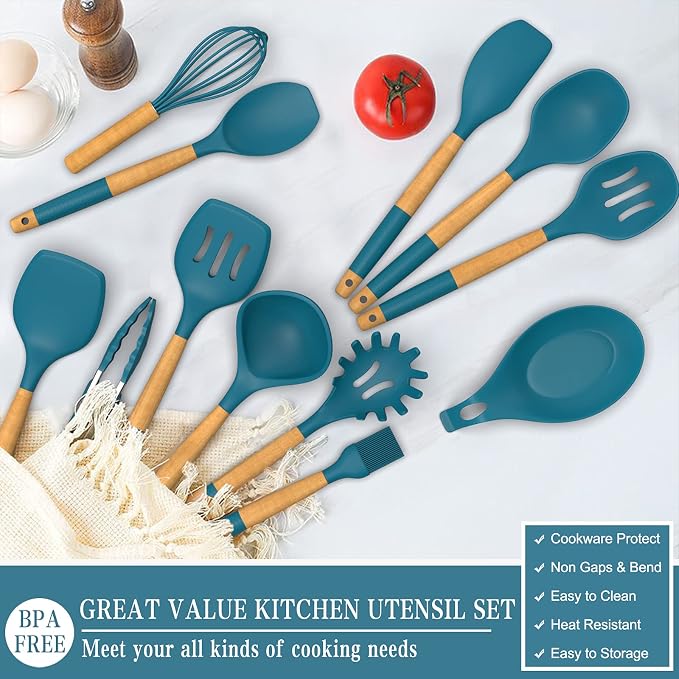 33 PCS Silicone Kitchen Utensils Set, Umite Chef Heat Resistant Cooking Utensils Set With Holder, Wooden Handle Kitchen Gadgets Tools Spatula for Nonstick Cookware