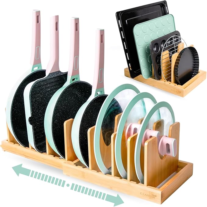 Pots and Pans Organizer under Cabinet Expandable Bamboo Pot Lid Holder Rack | Adjustable bakeware organizer, cutting board organizer, cookie sheet, baking pan, tray organizer for kitchen cabinet storage