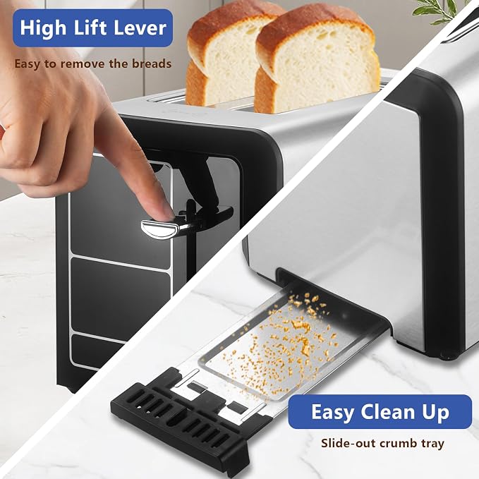 SAKAMOSH 2 Slice Touchscreen Toaster with Wide Slots for Bagels | 6 Browning Levels & 6 Bread Types, Wide Slots for Bagel, Memory Function, Defrost & Reheat & Cancel & Timer, Stainless Steel