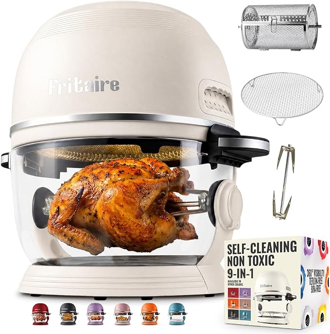 Non Toxic Air Fryer™ Pro | 9-in-1 Glass Air Fryer | Self-Cleaning | 5 Quart | Rotisserie and Tumbler | 400F Vortex For Even Cooking, BPA-Free Teflon Free, Recrisp, Roast, Bake, White