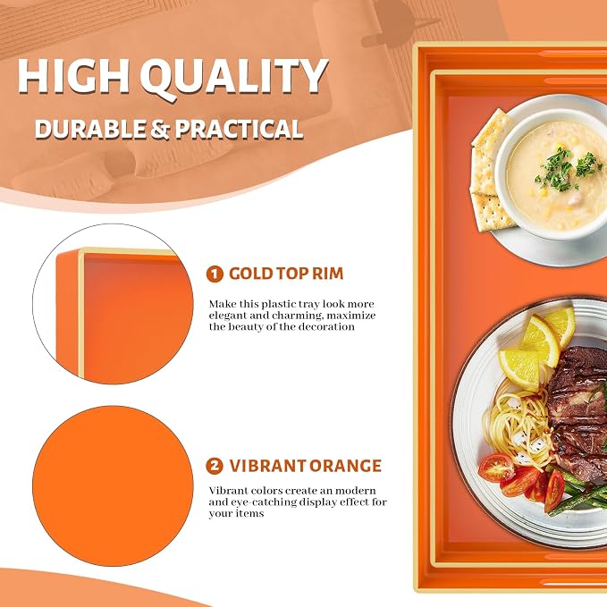 Orange Serving Tray with Handles, Plastic Decorative Tray Set of 2 | Decorative Tray for Coffee Table, Modern Ottoman Tray, Rectangle Melamine Tray for Living Room, 15.8"L x 10.2"W x 1.4"H