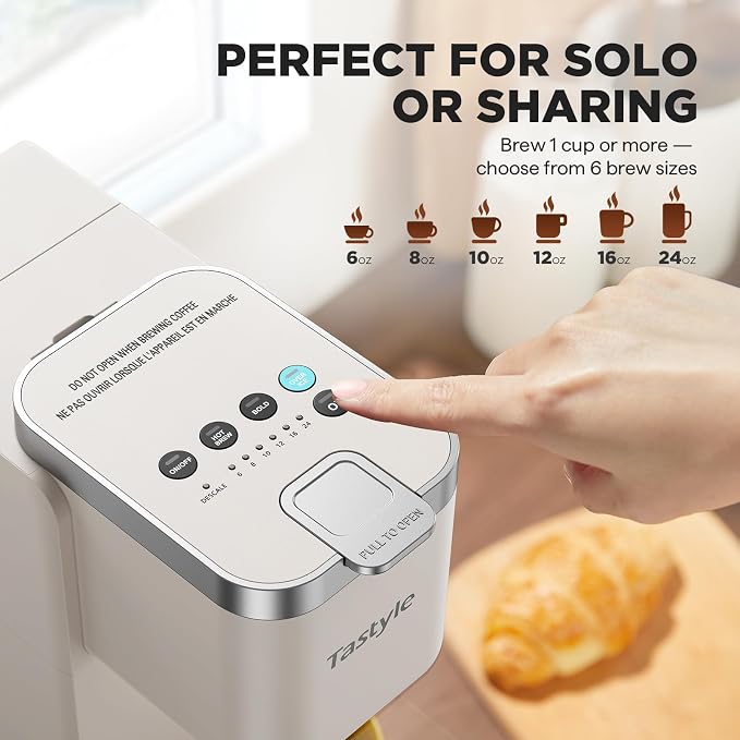 Tastyle Single Serve Coffee Maker for K Cups and Grounds with 3 Brew Styles | 40oz Removable Water Tank, 6 to 24oz Brew Size, Compact Design, Fits 7.3" Travel Mug, for Home, RVs and Office, K330IC, Beige