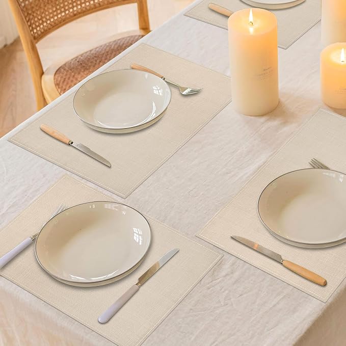 Beige White Placemats Set of 4, 12x18 Inch Washable Easy to Clean Heat-Resistant Anti-Skid Beige Placemats for Holiday Party Kitchen Dining Room Decoration