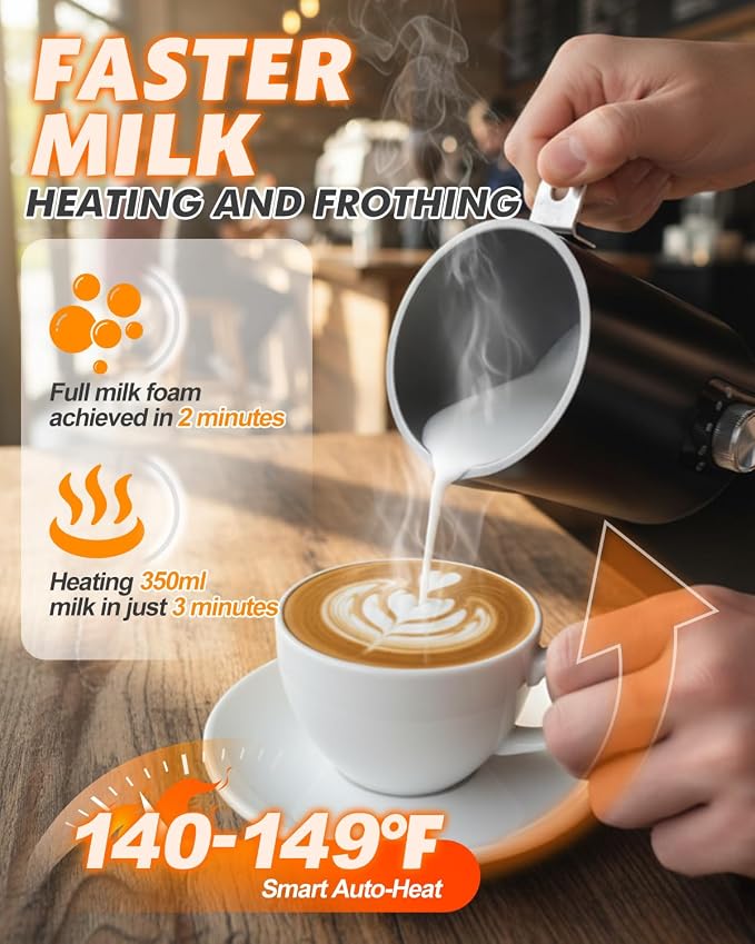 5-in-1 Electric Milk Frother and Steamer, Automatic Milk Foamer Hot Chocolate Maker with Wood Grain Handle, 11.8oz Milk Warmer and Heater for Latte, Cappuccino, Hot Cocoa Maker, Frother for Coffee