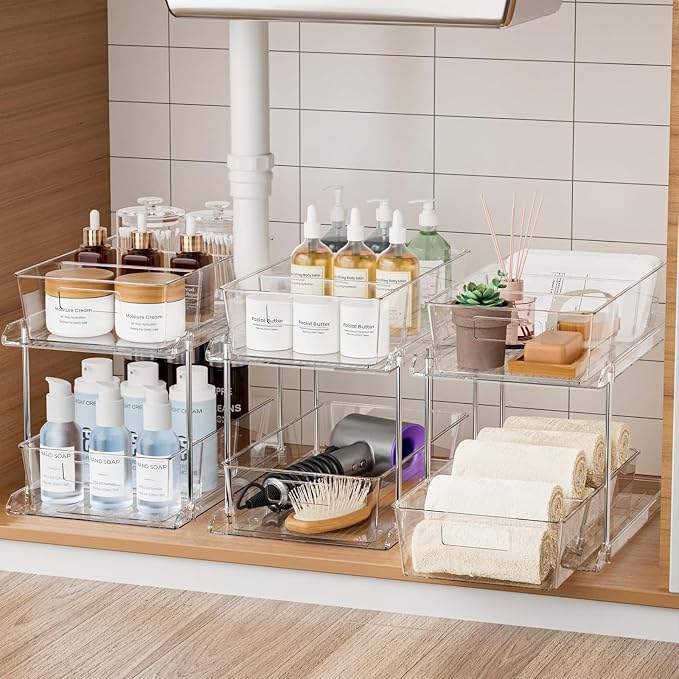 Bathroom Under Sink Organizers and Storage, 2 Tier, 3 Packs | Clear Vanity Countertop Pull-out Cabinet Organizer, Stackable Multi-Purpose Kitchen Pantry Organization with Dividers