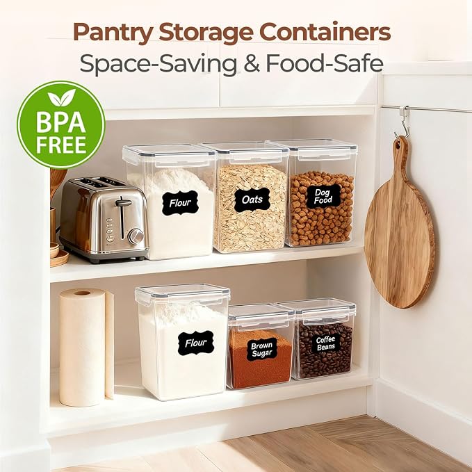 ComSaf Airtight Brown Sugar Containers with Terra Cotta Saver 2.6Qt 2Pack | Plastic Food Storage Canister with Lid, Sugar Flour Cereal Oats, Pantry Kitchen, Stackable Brown Sugar Keeper, Label & Scoops