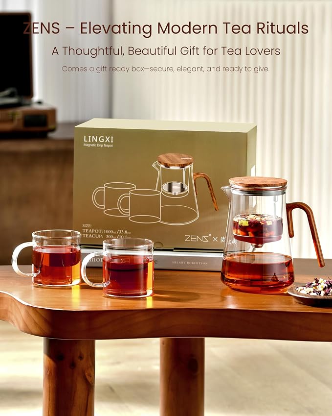 ZENS Magnetic Glass Teapot with Infuser and 2 Cups for Loose Tea, 34oz | Enchanti Magnetic Teapot, Magic Mess Free Loose Leaf Tea Steeper for Tea Lovers Gift, Walnut Pattern