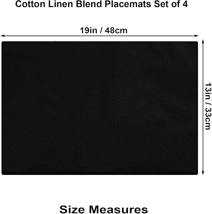Cloth Placemats Set of 4, Cotton Linen Blend Place Mats, Black | Machine Washable, Double Layered, Heat Resistant, Fabric Dining Table Mats for Kitchen, Indoor & Outdoor, 13" x 19"