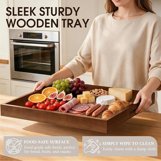 Extra Large Ottoman Tray, 24" Square Black Walnut Wood Serving Tray | Farmhouse Wooden Decorative Tray with Handles, Oversized Coffee Table Tray, Serving Platter Tray for Living Room, Countertop