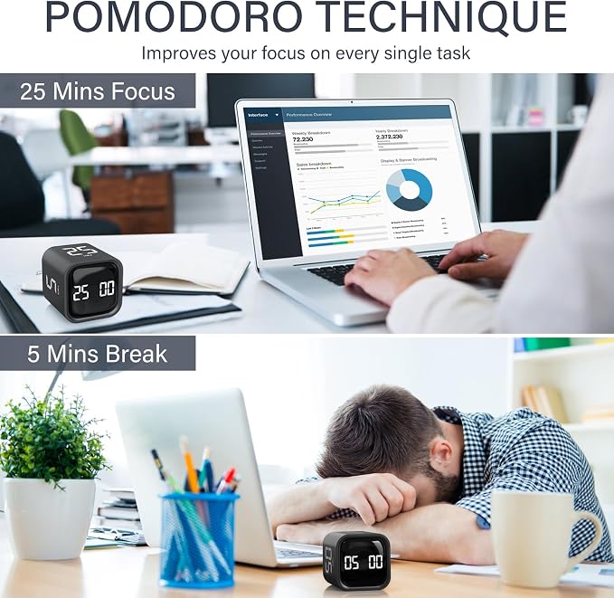 Rotating Pomodoro Timer 5/25/10/50, Desk Productivity Flip Timer, ADHD Tool | Countdown/Stopwatch Cube Timer, Vibration/High/Low Volume/Custom Modes, for Work Study, Back to School, Kitchen