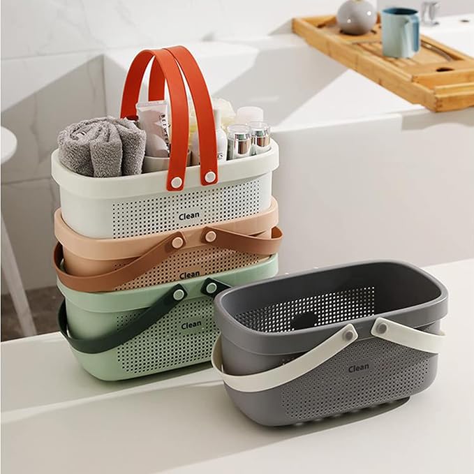 JiatuA Plastic Storage Basket with Handle Portable Shower Caddy Tote Organizer Basket Bin for Bathroom Kitchen Dorm Room Bedroom, Gray | Sturdy Drainage Large Capacity Organizer Basket with Silicone Handles for Bathroom Kitchen Bedroom College Dorm Ess...