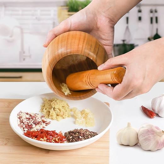 2 Pack Wooden Mortar and Pestle Set, 1.5 Cup Solid Jujube Wood Garlic Grinder Bowls, Herb & Spice Crusher for Guacamole, Pepper, Nuts, Salsa, Kitchen Manual Grinding Tool