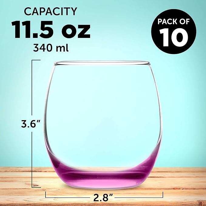 DISCOUNT PROMOS Mikonos Stemless Wine Glasses 11.5 oz. Set of 10, Bulk Pack - Restaurant Glassware, Perfect for Red Wine, White Wine, Cocktails - Pink Bottom Color