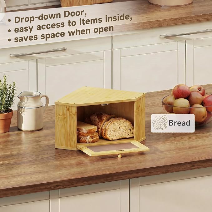 Corner Bread Box For Kitchen Countertop,Bread Storage Bin (Natural, Medium) | Small Bamboo Bread Container,Corner Shelf For Kitchen Decor