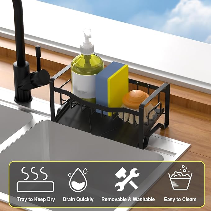 Stainless Steel Kitchen Sink Caddy Organizer with Auto Drain Tray, Sponge Holder for Countertop Storage