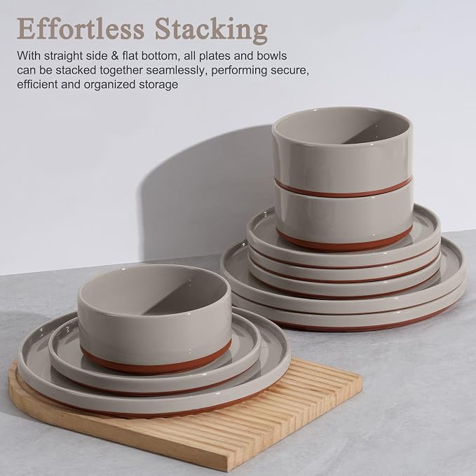 LIANYU 18 Piece Dinnerware Set for 6, Modern Style Stoneware Dinnerware Set | Scratch Resistant, Dishwasher Safe Bowl and Plate Sets, Ceramic Dish Dinner Set, Terra Brown