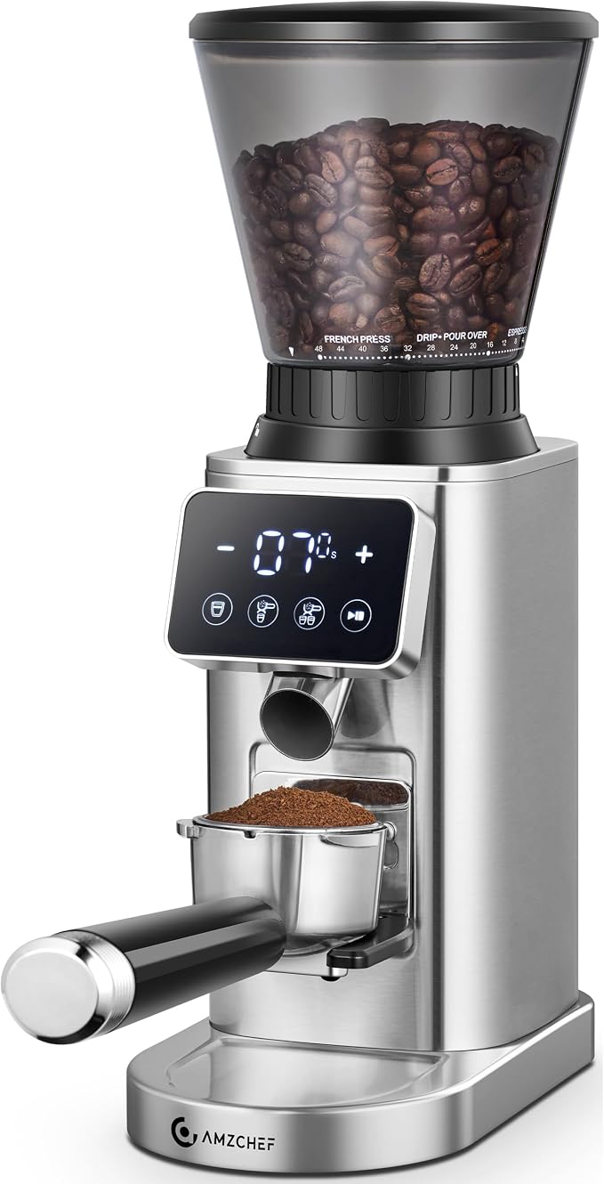 AMZCHEF Conical Burr Coffee Grinder, 48 Grind Settings, Anti-Static Burr Mill with Precision Timer & LED Touchscreen, for Espresso, Drip, Pour Over, Cold Brew & French Press, Stainless Steel, Silver