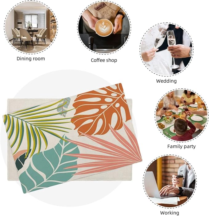 Palm Leaf Placemats Set of 4, Green Blue Coral Tropical Leaf Decorative Table Mat 12 x 18 Inch Heat Resistant Non Slip Line Fabric Summer Place mat for Holiday Party Kitchen Dining Decor