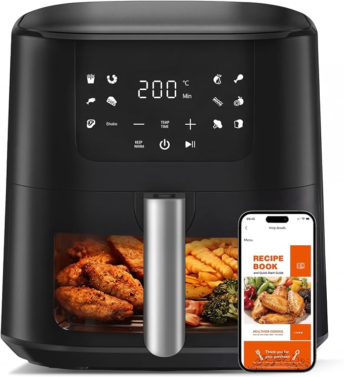Qido Air Fryer, 5.28 QT Square Airfryer with Visual Window, 400°F Fast Heating Air Fryers Oven with One-Touch Presets, Auto-Off, Dishwasher-Safe Nonstick Basket, Multiple 8 in 1 Function, Light Black