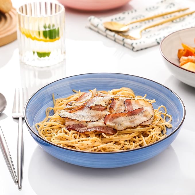 KitchenTour Ceramic Pasta Bowls, 26 oz Salad Serving Plate Bowls, Set of 6 | Wide and Shallow Porcelain Dinner Soup Bowl Plates, 8 Inch, Dishwasher and Microwave Safe, Pastel Swirl