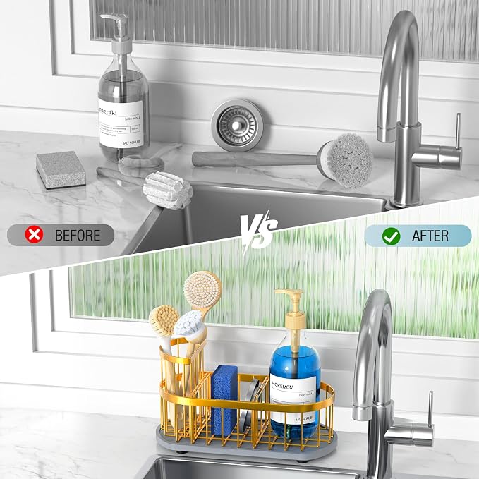 Sink Caddy Kitchen Sink Organizer, Sponge & Brush Holder, Stone Drying Mat | Space-Saving Sink Sponge Holder with Full-Size Tool Storage, Fits Most Sinks, Kitchen Sink Accessory and Countertop Organizer
