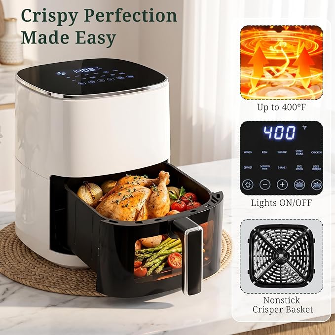 Air Fryer, 6QT Airfryer with Viewing Window, 12-in-1 Digital Air Fryer Oven, 400°F Fast Heating, Nonstick & Dishwasher Safe Square Basket, Air Fry, Roast, Bake, Reheat, Dehydrate for Family Meals