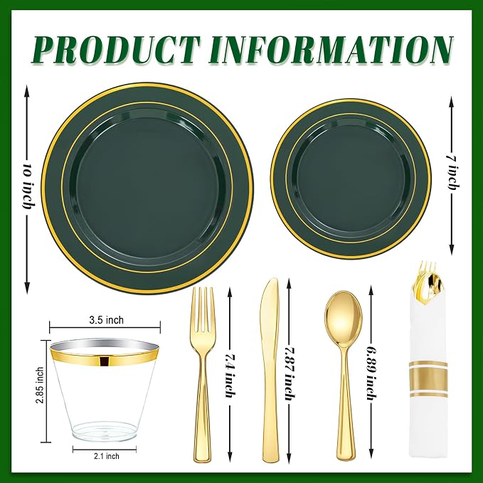 350PCS Green and Gold Plates - Green Plastic Plates 50Guests Plastic Plate with Rolled Napkins for Party/Birthday/Wedding