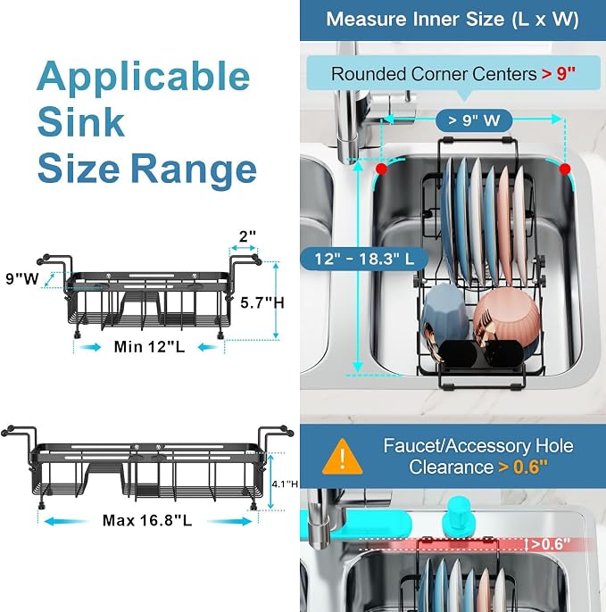 Small Sink Dish Drying Rack - 9" W Expandable for RV Apartment | Twist-Lock Adjustment, Removable Utensil Holder, Handles with Non-Slip Beads, Rust-Resistant, Space-Saving for Kitchen