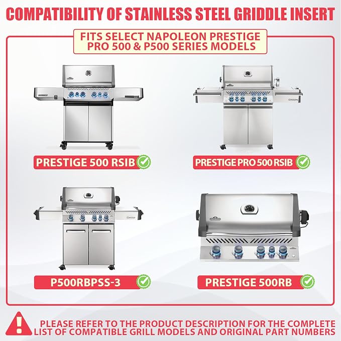 Griddle Insert for Napoleon Prestige PRO 500 & Built-in P500 Series Grills | Fits Napoleon BIP500RBNSS-3 P500RBPSS P500RSIBNK-3 P500 P500N Parts, Stainless Steel flat top Griddle replaces S8C011