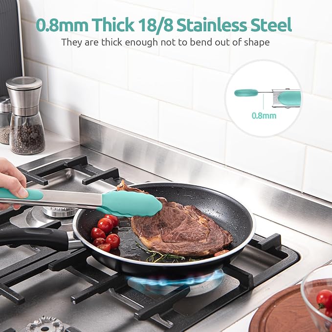 U-Taste Kitchen Tongs for Cooking, 600ºF Heat-Resistant Tps, 2Pcs/Aqua Sky | Silicone Tong Set 9/12in, Salad/Grill/BBQ Plastic Tong for Food Serving, Rubber Tipped Tong with 18/8 Stainless Steel Handle