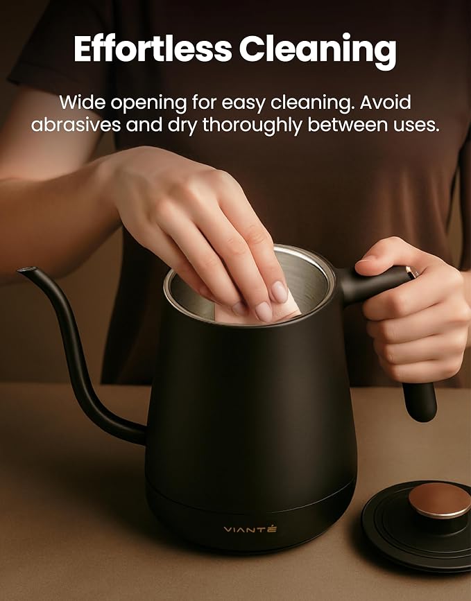 Viante Electric Gooseneck Kettle 0.8L, Pour Over Coffee & Tea, Temp Control | Boil-dry protection, keep-warm function, BPA-free stainless steel body. Includes #2 coffee filters