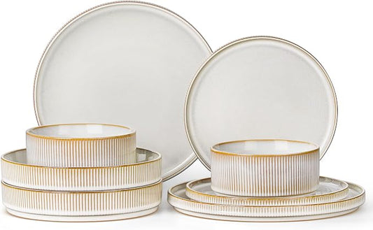 LIANYU 8 Piece Stoneware Plates and Bowls Dishes Set for 2, Dinnerware Sets with Pasta Bowls, Ribbed Dining Ware Dishware for Home Wedding, Microwave and Dishwasher Safe, Dawn Beige