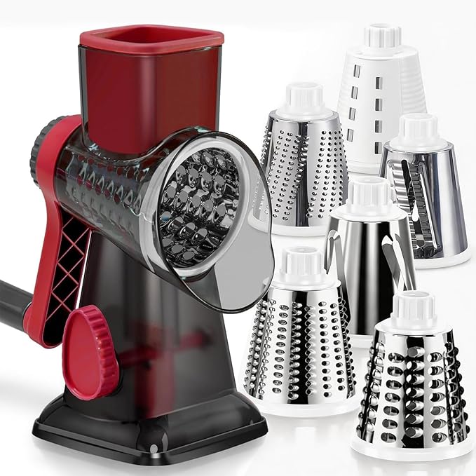 Rotary Cheese Grater Pro 6 in 1 - Shredder Crinkle Slicer Grinder Ice Shaver, Stable Suction, Time-saving Easy Use & Clean, Safe Morden Kitchen Tool for Cheese, Vegetable, Nuts, Chocolate