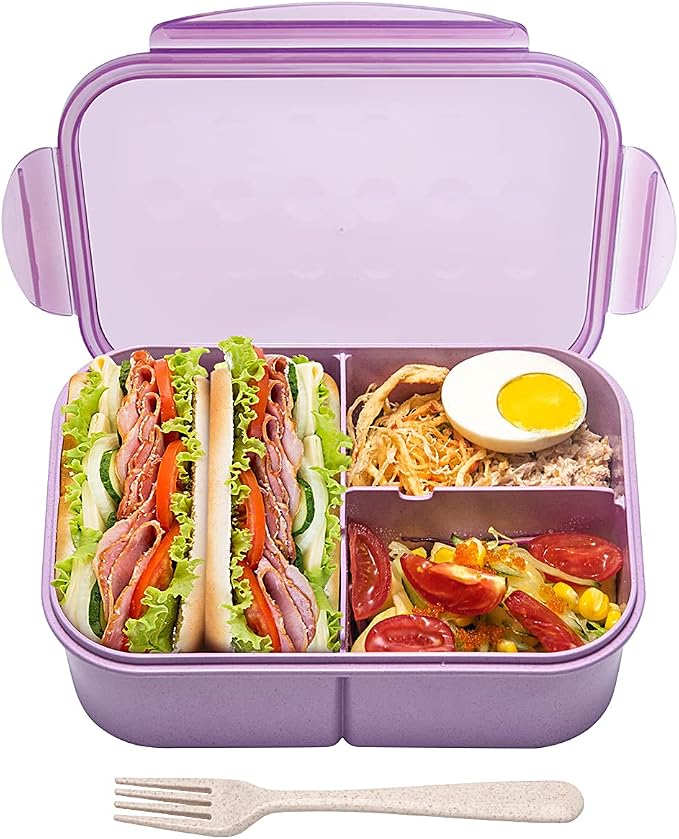 MISS BIG® Large Bento Lunch Box for Adults, 1900ml, 3 Compartments, Purple | Purple 1900ml adult lunch box for office meals, work lunch, meal prep, food storage, picnic, and travel.