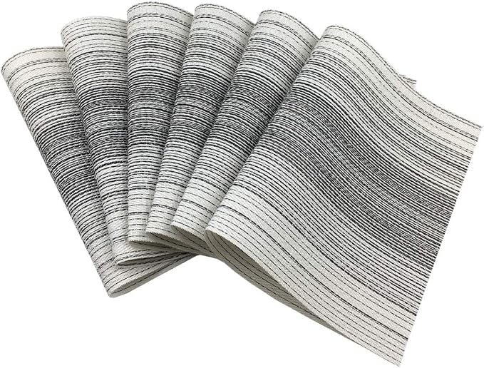 WAZAIGUR Placemats Set of 6, Woven Vinyl Table Placemats, Black with White | Placemat, Blending Color Durable Washable Place Mats Indoor Outdoor Heat-Resistant Anti-Skid Kitchen Dining Table Mats