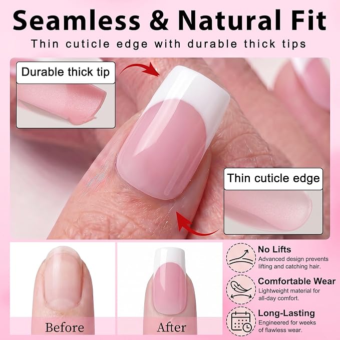 240pc Medium French Tip Press on Nails Square Fake Nails with Glue Tabs | Medium Nails Press ons Square Glue on Nails Pink Acrylic Nails Stick False Nail Artificial Fingernail for Women Girls