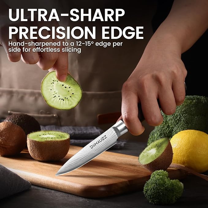 DiiHAUZZ Paring Knife, 3.5 Inch Fruit Knife, High Carbon Stainless Steel | Ultra Sharp 12-15° Blade, Ergonomic Pakkawood Handle No Cracking, Peeling Fruits Cutting Slicing Vegetable, Gift Box & Sheath