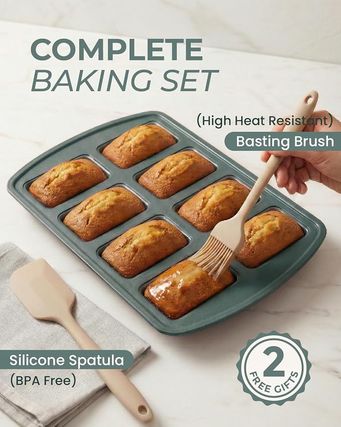 CARTMAN 2-Pack 8-Cavity Mini Loaf Pans, Carbon Steel Bread Pan Set, Green | Includes spatula & brush, 0.6mm carbon steel, nonstick release, for banana bread, mini meatloaf, ideal for keto & meal prep