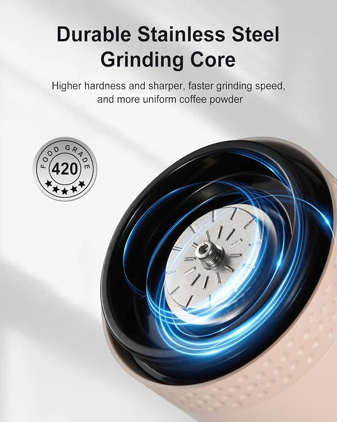 Lamido Portable Electric Coffee Grinder with Ceramic Burr - Visual Bean Hopper - 38 Adjustable Grind Settings - 1.8X Faster Grinding - 2000 mAh Rechargeable (Light Beige, E90M)