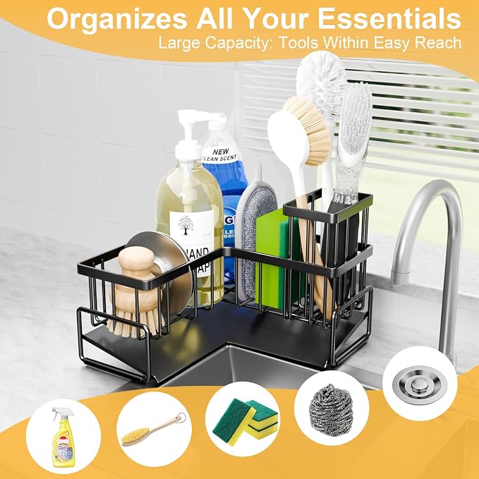 TEAMOLA Kitchen L-Shaped Sponge Holder - Large Metal Sponge Sink Caddy | Black Metal Corner Sponge Caddy, Sloped Drain Tray for Sink, Kitchen Countertop Organizer Holds Soap Brush Sponge Non-Slip