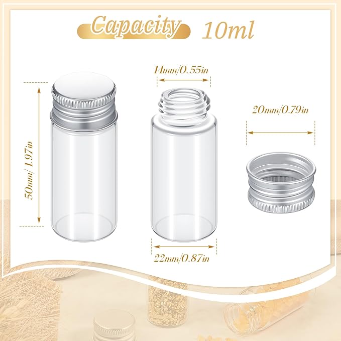 Didaey 50 Pcs Small Clear Vials Spice Mini Jars with Lids Mini Glass Bottles with Screw Aluminum Metal Caps Tiny Jars Sample Containers for Powder Cream Cosmetic Jewelry Wedding (10 ml,Silver Caps)